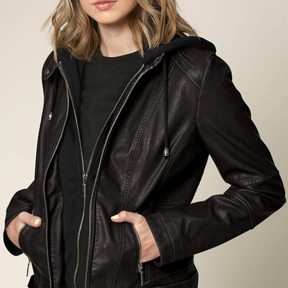 Lock and Love Faux Leather Moto Biker Jacket Coat with Removable Hood - Large